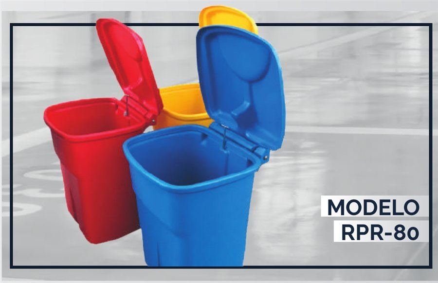 Modelo RPR-80, contenedores rojo, amarillo y azul con tapa abierta